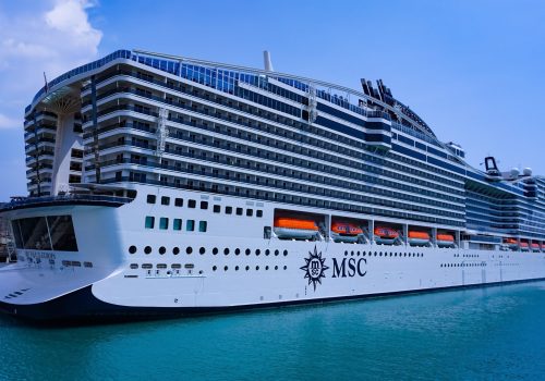 Genoa, Liguria, Italy - April 28, 2023: The cruise ship Msc World Europa in port of Genoa, Italy on April 28, 2023